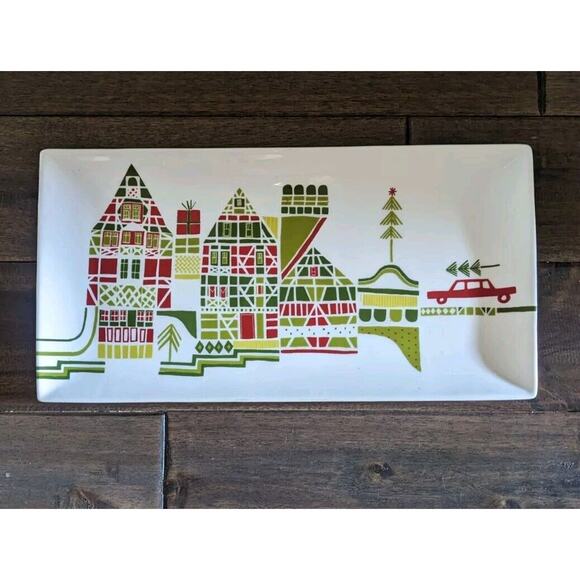 YULE TOWN Crate & Barrel Christmas Serving Plate Dish Julia ROTHMAN Design 15x8 - Picture 1 of 6
